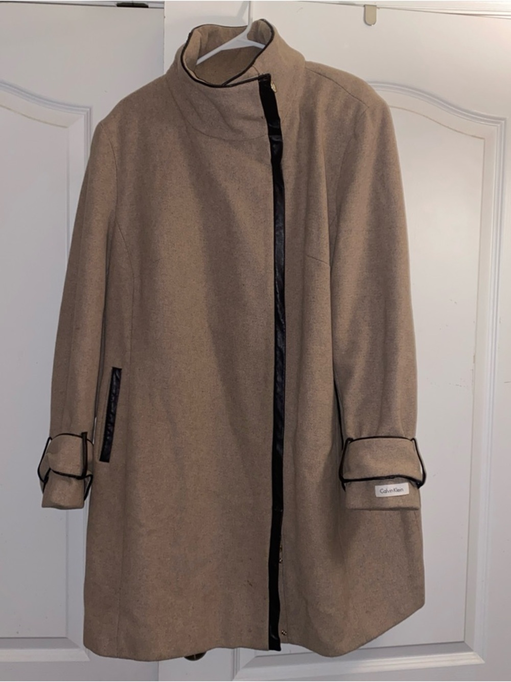 Calvin Klein Tan Coat with Black Trim and Gold Hardware
